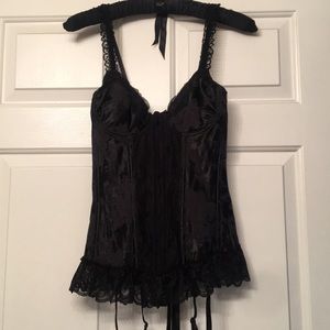 Black lace embroidered satin bustier
